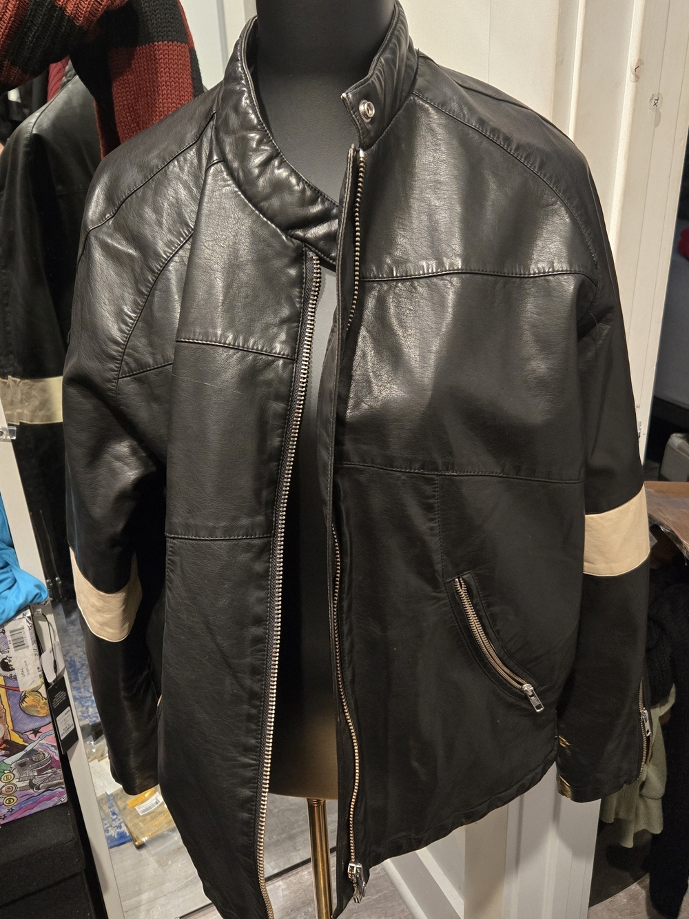 We The Free Black Faux Leather Jacket with Cream Sleeve Stripes
